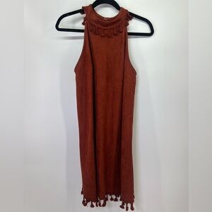Entro Brown Faux Suede Sleeveless Halter Mini Dress With Tassels Size M Medium